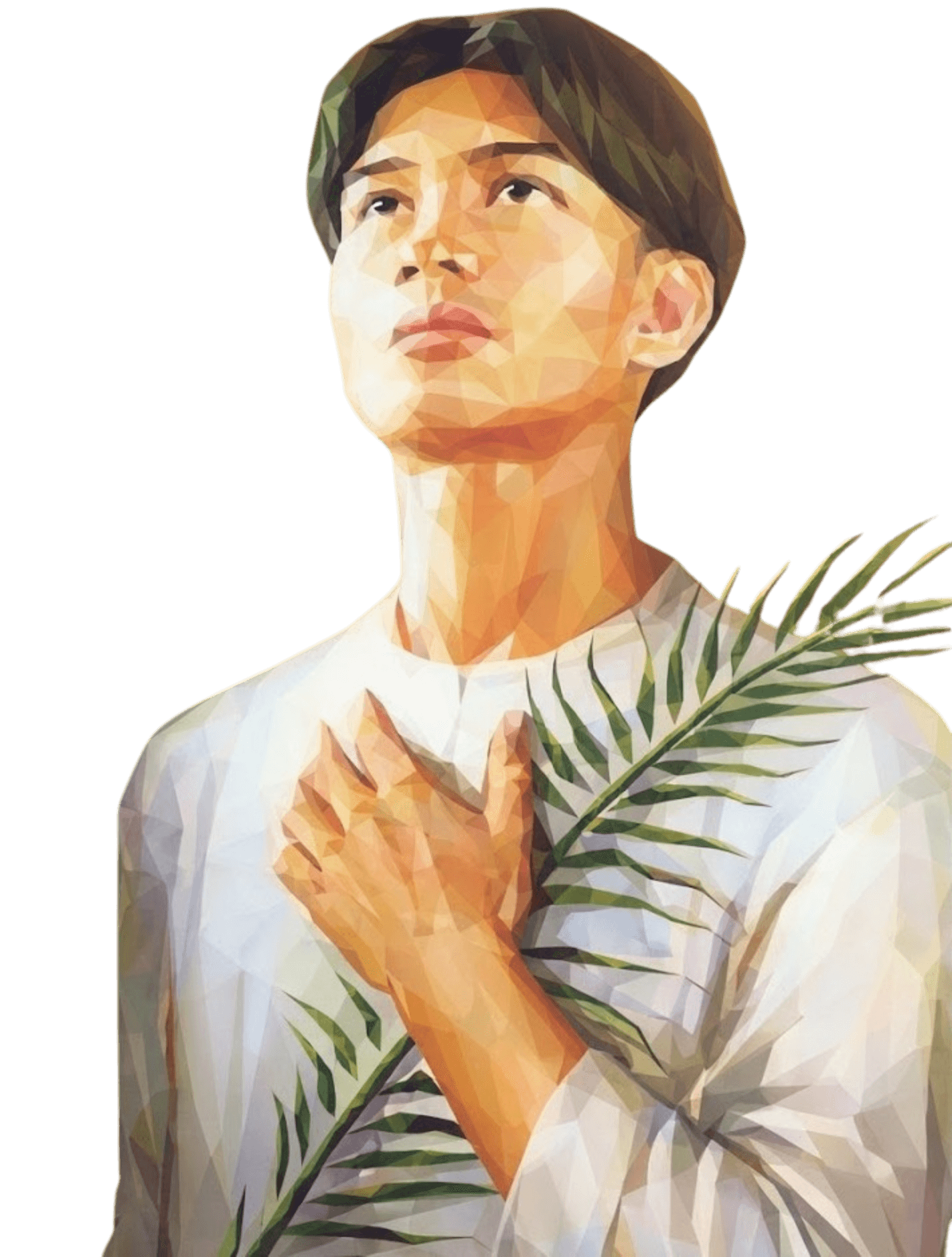 Portrait of San Lorenzo Ruiz in a white barong, holding the palm of martyrdom